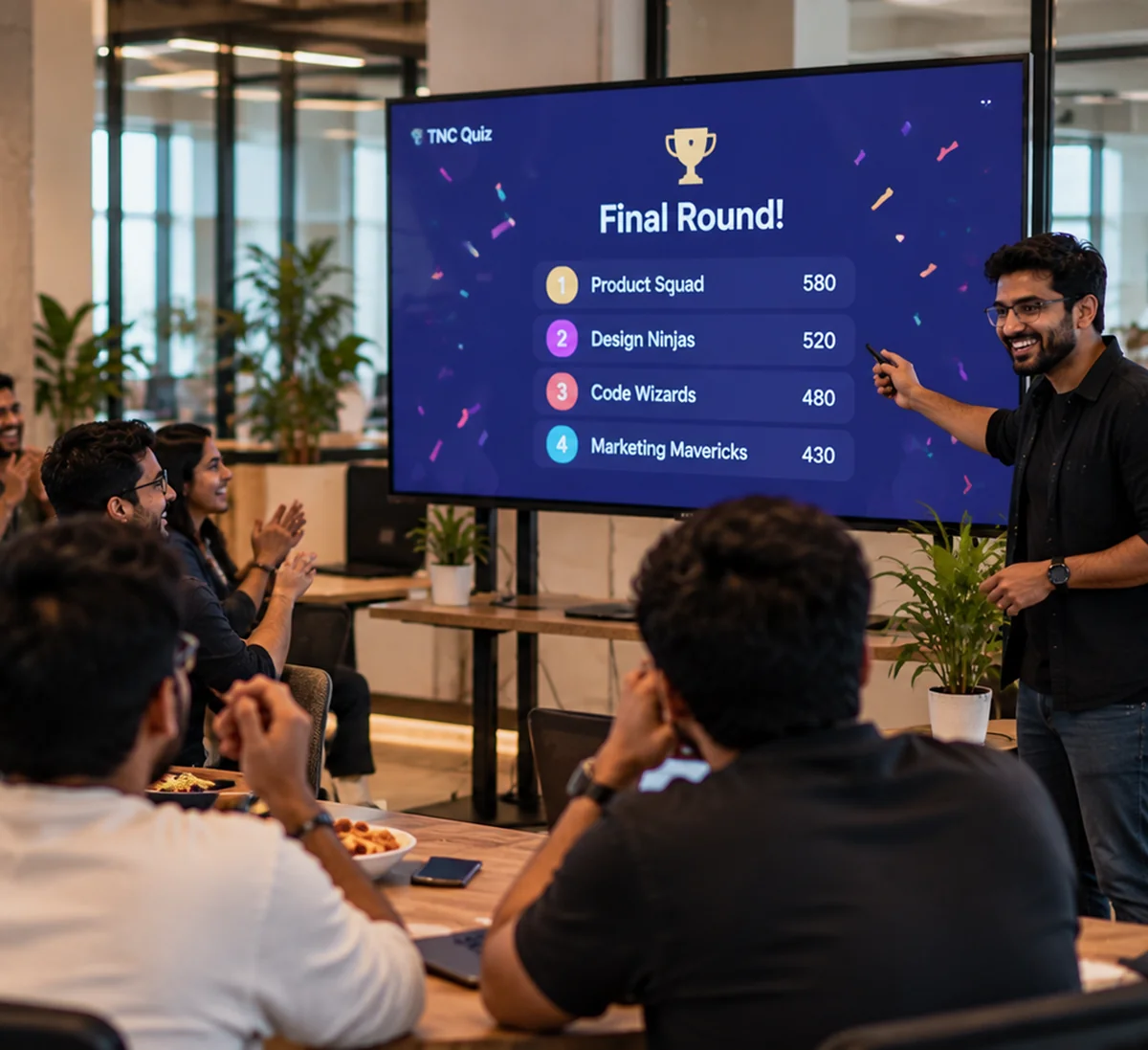 Team participating in an interactive team-building quiz